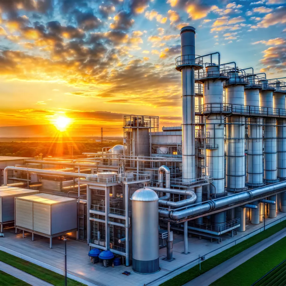 Industrial gas or hydrogen processing plant with tall metal columns, pipes, and tanks at sunset under a partly cloudy sky.