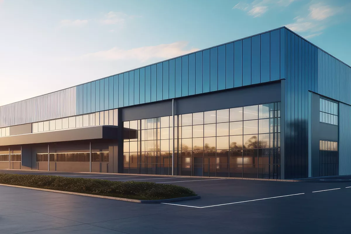 Modern industrial building with blue metal facade, large glass windows, and empty parking area at sunset.